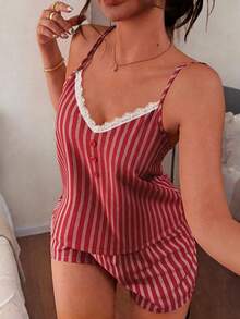 Napfluff Lace Trim Color Block Striped Camisole And Shorts Pajama Set - Red - View 3