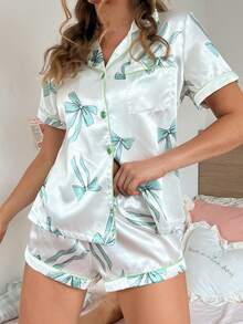 SweetSlumber PJS9 女款緞面數位印花睡衣套裝 - 綠色 - 查看 6