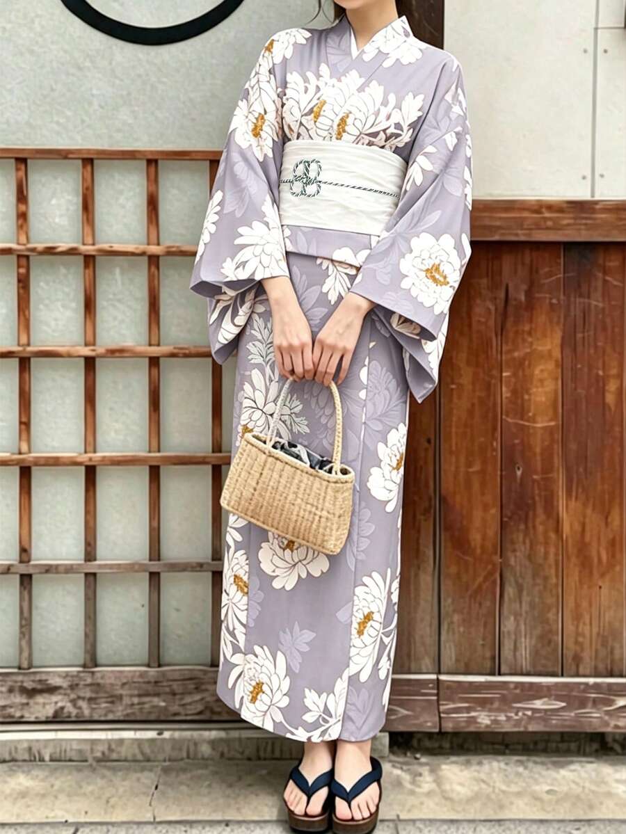 Irokai 女款日式花卉印花和服襯衫與細肩帶洋裝浴衣套裝 - 淡紫色 - 查看 1