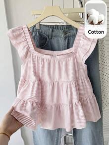 SHEIN Teen Girl Teen Girls Spring Summer New Pink And White Fresh Woven Striped Casual Vacation Umbrella Hem Multi-Layered Doll Style Tank Top, Casual Wear, Summer Outfit - Pink - View 3