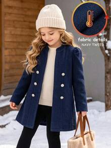 SHEIN Tween Girl Open Front Elegant Bishop Sleeve Jacket,In Fall/Winter - Navy Blue - View 6
