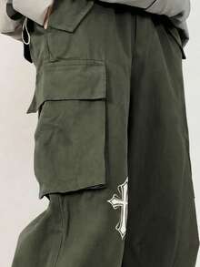 SHEIN 青少年/男孩基本休閒純色工裝褲，附裝飾細節，適合通勤、上學 - 軍綠色 - 查看 3