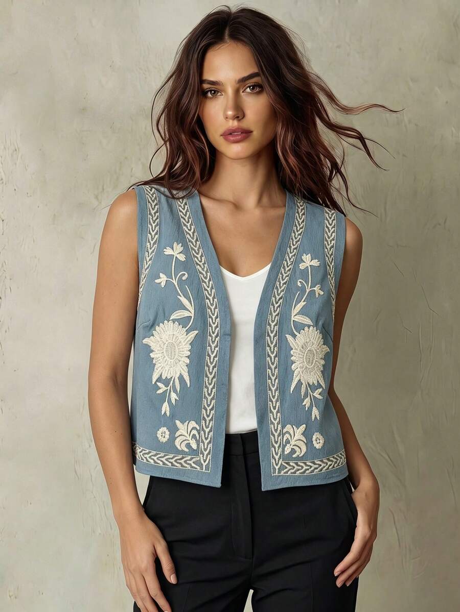 Franclia Women's Floral Embroidered Open Front Lightweight Vest Jacket - Blue - View 1
