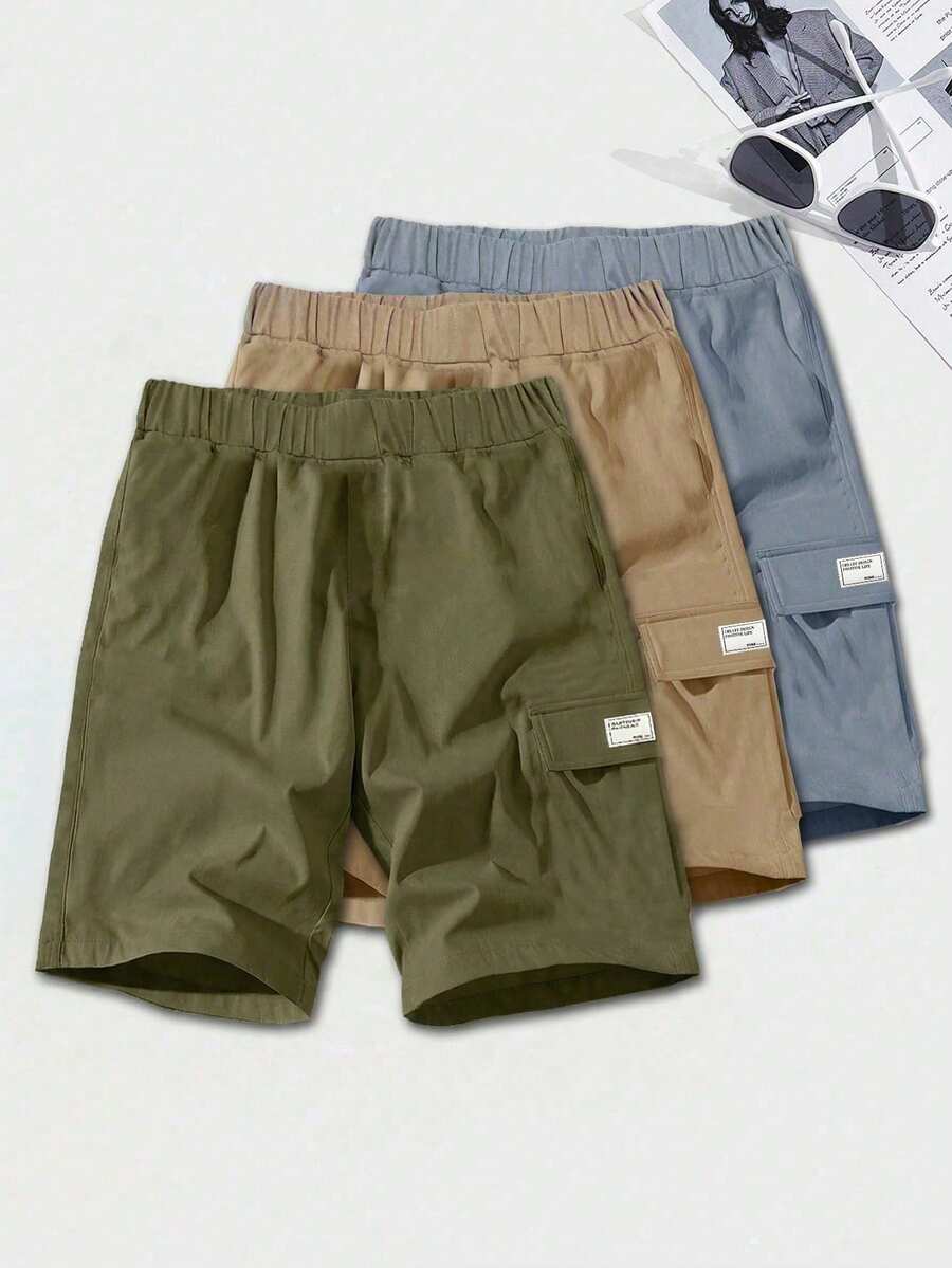 3pcs/Set Kids Boys' Casual Solid Color Loose Fit Elastic Waist Shorts,Versatile For Summer,Daily Wear,School,Leisure,Sports & Spring,Fall,Winter - Army Green - View 1