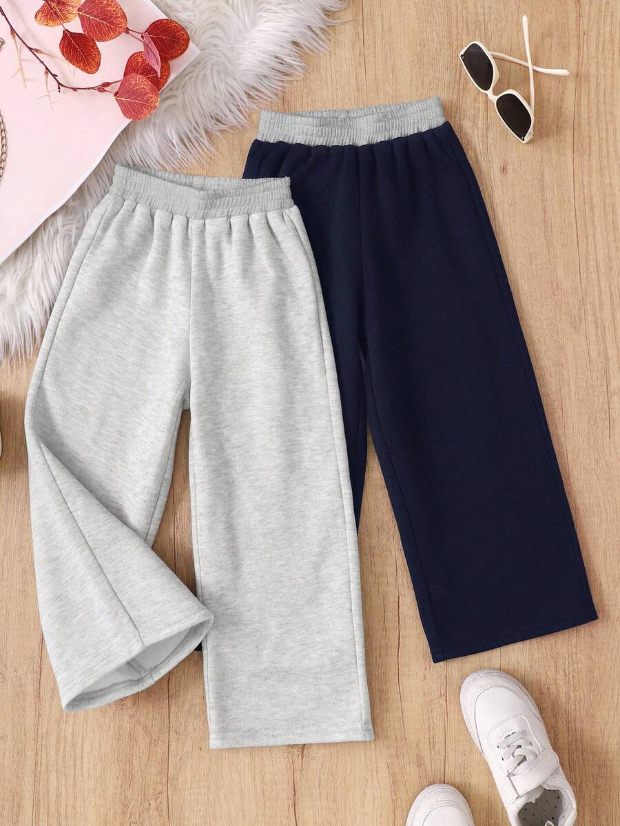 SHEIN Girlism Young Girl Casual Knitted Sweatpants, Contrast Waistband, Street Style, Solid Color Knitted Loose Casual Wide Leg Sweatpants, Cool Street Style, Daily Wear, Back To School, Casual Cute, Sister Outfit, Mother And Daughter Matching - Multicolor - View 1