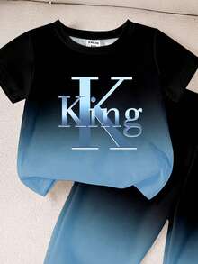 1套男嬰休閒時尚簡約字母KING印花漸層圓領短袖T恤與配套長褲軟綿套裝，春夏秋季服飾 - 彩色 - 查看 4