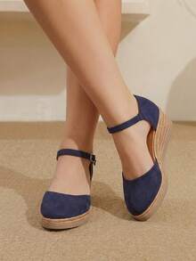 Styleloop Bohemian Straw Hemp Rope Wedge Heel Pointed Toe Sandals Retro Platform Button High Heel Roman Women's Sandals Summer - dark blue - View 7