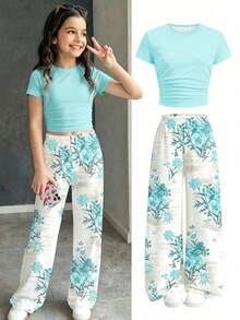 Tween Girl Solid Color Round Neck Short Sleeve T-Shirt And Floral Print Long Pants Knit Two Pieces Set Casual Daily Fashion Versatile - White - View 3
