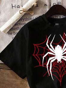 Attitoon Casual Loose Black Crew Neck Short Sleeve White Spider Graphic Print Women T-Shirt Suitable For Summer - Black - View 5