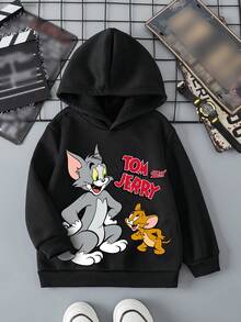 TOM & JERRY X SHEIN 年轻男孩卡通图案连帽保暖运动衫，适合秋冬季 - 黑色 - 查看 3