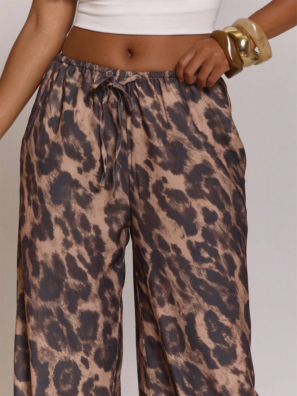 Leopard Print Low Waist Drawstring Flowy Trouser Pants Summer Day Outfit Beach Holiday Women