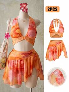 SHEIN ICON 大码女装 Y2K 度假风外出印花露脐吊带上衣和低腰印花迷你裙套装，夏威夷伊比沙岛穿搭 - 橘色 - 查看 10