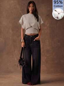 SHEIN BAE 女款 95%棉 棕色-白色條紋休閒T恤，蝙蝠袖，適合度假、通勤、海灘 - 彩色 - 查看 3