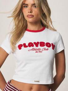 Missguided x Playboy Camiseta corta de manga corta con gráfico vintage de club atlético y estampado de logo retro - Blanco - Ver 1