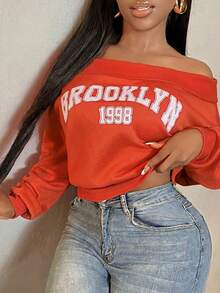 SHEIN SXY 字母圖案露肩時尚衛衣，秋冬長袖上衣 - 橘色 - 查看 7