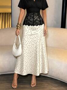 Modelyn Vintage Elegant Polka Dot Satin Skirt With Lace Waist Design, Soft Elegant Commuter Style - Apricot - View 8