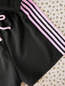 SHEIN 青少年女孩休閒對比黑健身夏季T恤套裝 - 黑色 - 查看 7