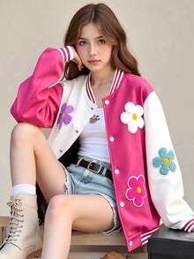 SHEIN Tween Girls Casual Fashion Spring/Autumn Colorful 3D Flower Colorblock Baseball Jacket - Multicolor - View 4