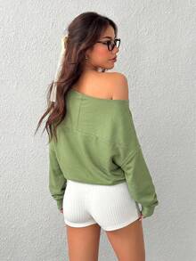 SHEIN EZwear 女款純色百褶不對稱領長袖上衣 - 軍綠色 - 查看 2