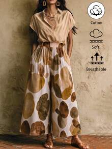 Balvessa Women's Casual Khaki Shirt & Oversized Polka Dot Print Wide Leg Pants 2 Pieces Set - Khaki - View 1