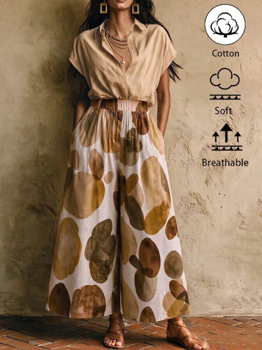 Balvessa Women's Casual Khaki Shirt & Oversized Polka Dot Print Wide Leg Pants 2 Pieces Set - Khaki - View 1