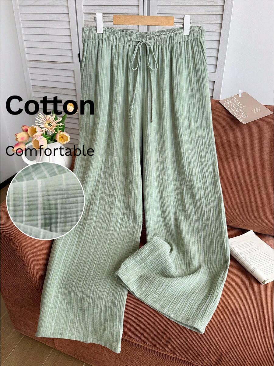 Comfortcana Green Plus Size Women's Drawstring Waist Wide Leg Loose Long Pants Formal Office Autumn Casual - Green - View 1