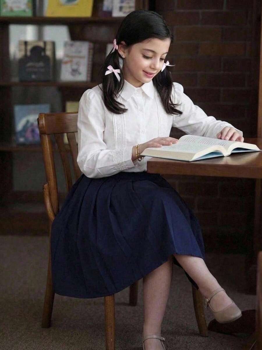 SHEIN Tween Girl Tween Girls Elegant Pure White Lantern Sleeve Tie-Front Blouse, Suitable For Daily Wear And Back To School Season - White - View 1