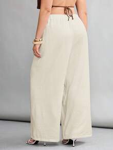 SHEIN PETITE CURVE 大尺碼全鬆緊腰休閒長褲 - 米色 - View 6