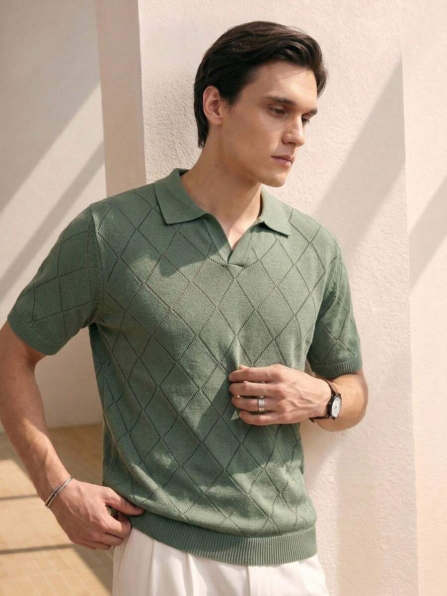 RONVEXI Men's Solid Color Short Sleeve Diamond Knit Top - Multicolor - View 1