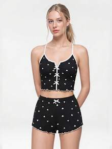 Bonmuse Heart Print Contrast Binding Bow Front PJ Set / Pajama Setfor Summer - Black - View 1