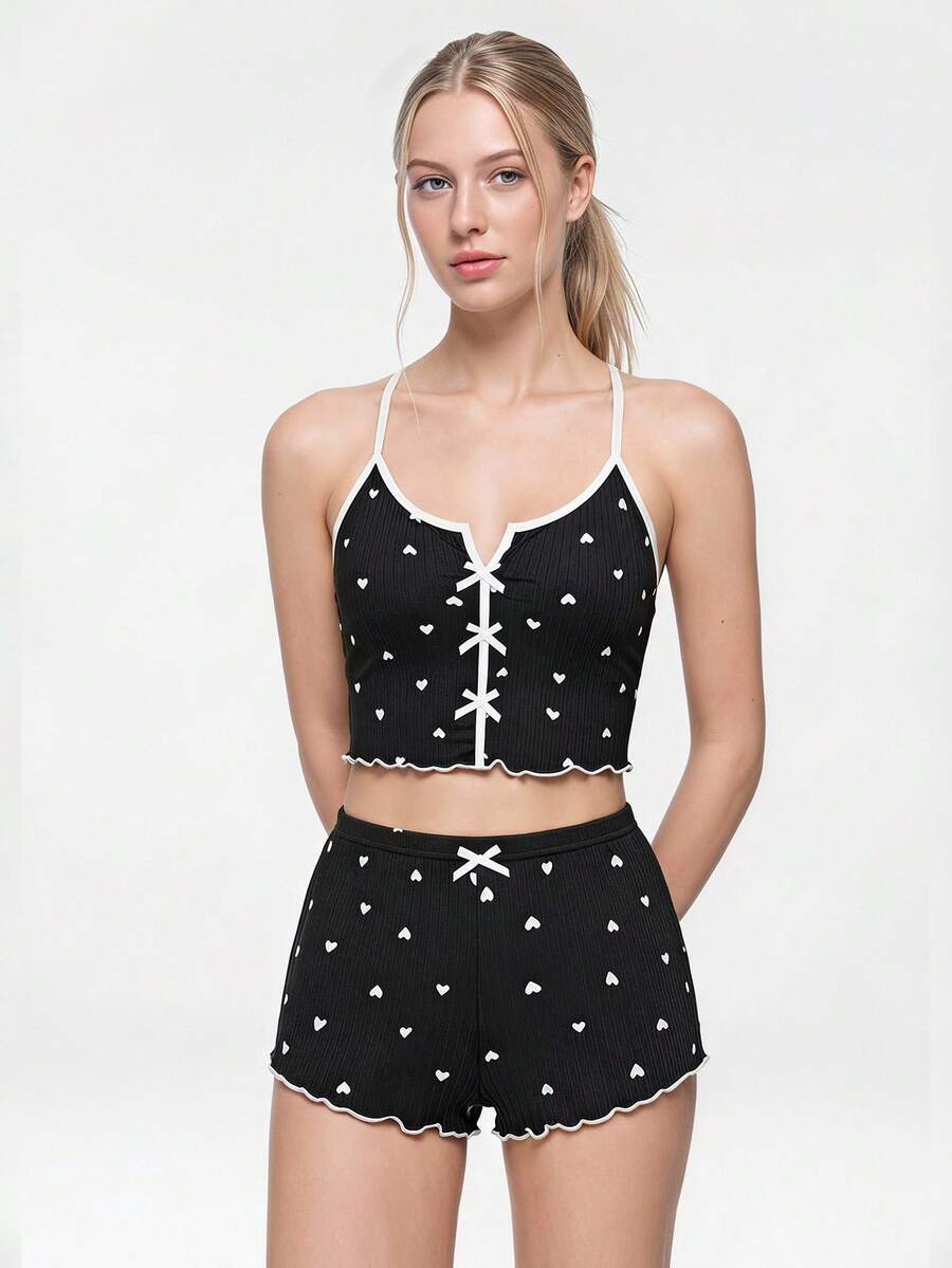 Bonmuse Heart Print Contrast Binding Bow Front PJ Set / Pajama Setfor Summer - Black - View 1