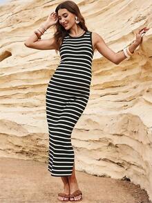 SHEIN Women's Maternity Vacation Striped Colorblock Round Neck Side Slit Dress - Black - View 7