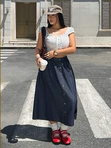 Rivivi Jupe longue en denim polyvalente avec boutons, mode grande taille - Jean brut - Voir 4