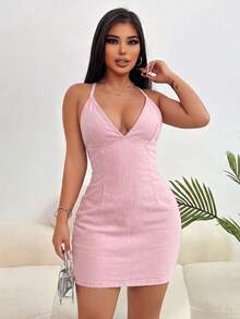 SHEIN SXY 女款深V領露背交叉設計性感掛脖牛仔洋裝 - 粉色 - 查看 3