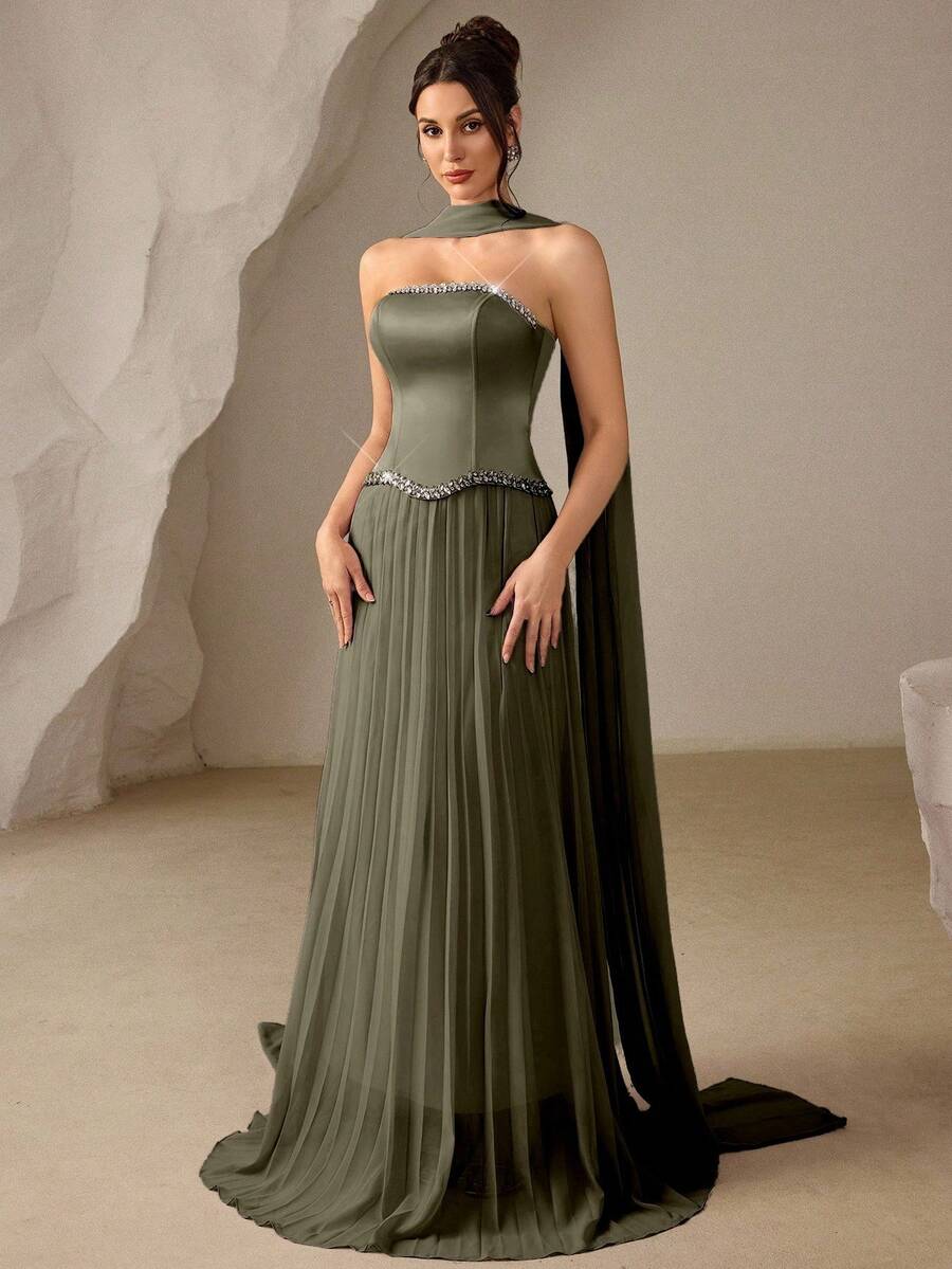 Coutiva 女款水鑽裝飾百褶優雅收腰抹胸晚禮服 - 墨綠色 - 查看 1