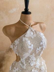 Soleia Plus Size Women's 3D Ring Decor Sequin Halter Tie Dress - Apricot - View 5