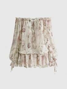 ROMWE Avant Gaun Pendek Wanita Motif Bunga Romantis Murni Chiffon dengan Hiasan Ruffle di Bagian Bawah dan Leher V, Lengan Lentera - Hijau - View 1
