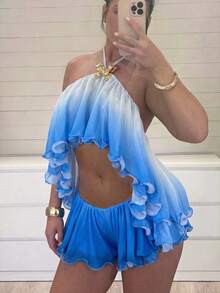 Ure Wave Women's Summer Vacation Ruffled Backless Camisole Top Paired With Layered Mini Shorts Beach Club Party Navy Blue And White Sexy - Blue - View 5