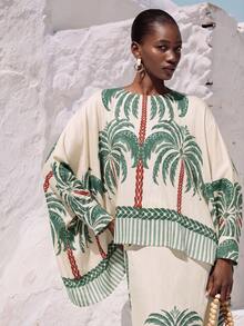 Aveloria Modichic New Elegant Tropical Exotic Artistic Green And White Base Tree Bamboo Joint Linen Cape Top Skirt 2 Pieces Set Fresh Graceful Vacation Beach Autumn - Green - View 3