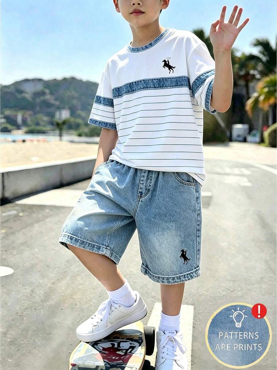 SHEIN 青少年男孩短袖圓領T恤 + 口袋短褲 2件套 - 彩色 - 查看 1