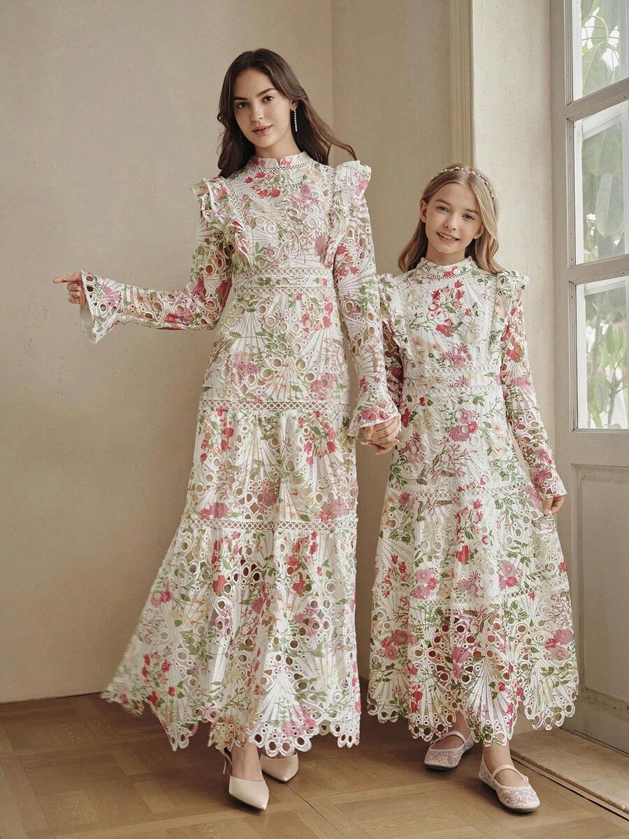 Anewsta Summer Girls' Water Print A-Line Ruffle Hem Light Formal Dress For Middle And Older Children - Pink - View 1