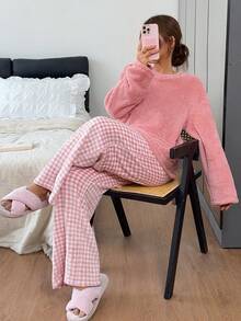 Napfluff Autumn/Winter New Fuzzy Plaid Pajama Set, Pink Long Sleeve Long Pants Loungewear - Multicolor - View 4