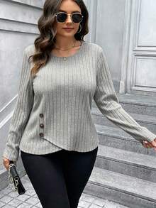 SHEIN LUNE Plus Size Women's Ribbed Texture Long Sleeve T-Shirt - Grey - View 3