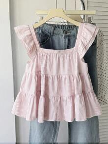 SHEIN Teen Girl Teen Girls Spring Summer New Pink And White Fresh Woven Striped Casual Vacation Umbrella Hem Multi-Layered Doll Style Tank Top, Casual Wear, Summer Outfit - Pink - View 2
