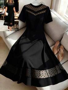 GlowEve CURVE Plus Size Elegant High-End Women's Mesh Patchwork Short Sleeve A-Line Dress - Black - View 1