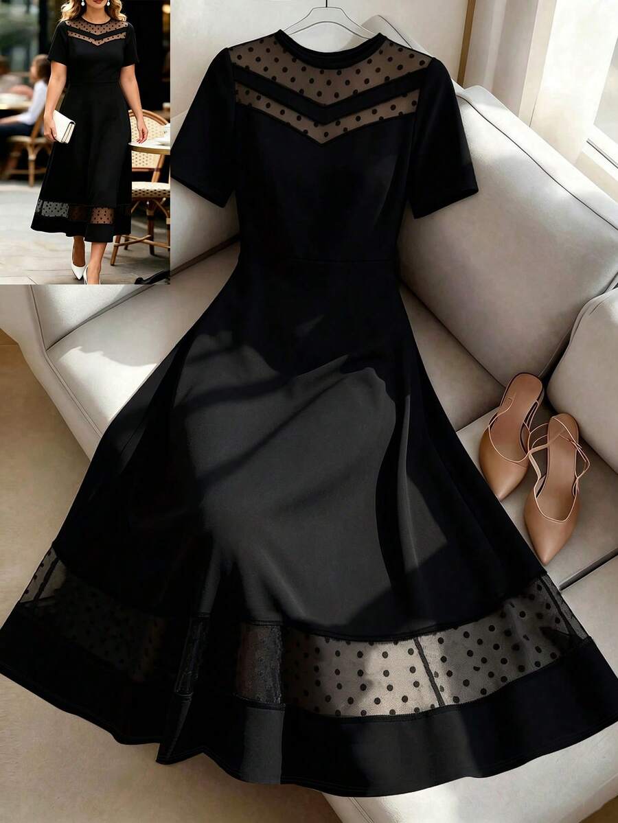 GlowEve CURVE Plus Size Elegant High-End Women's Mesh Patchwork Short Sleeve A-Line Dress - Black - View 1