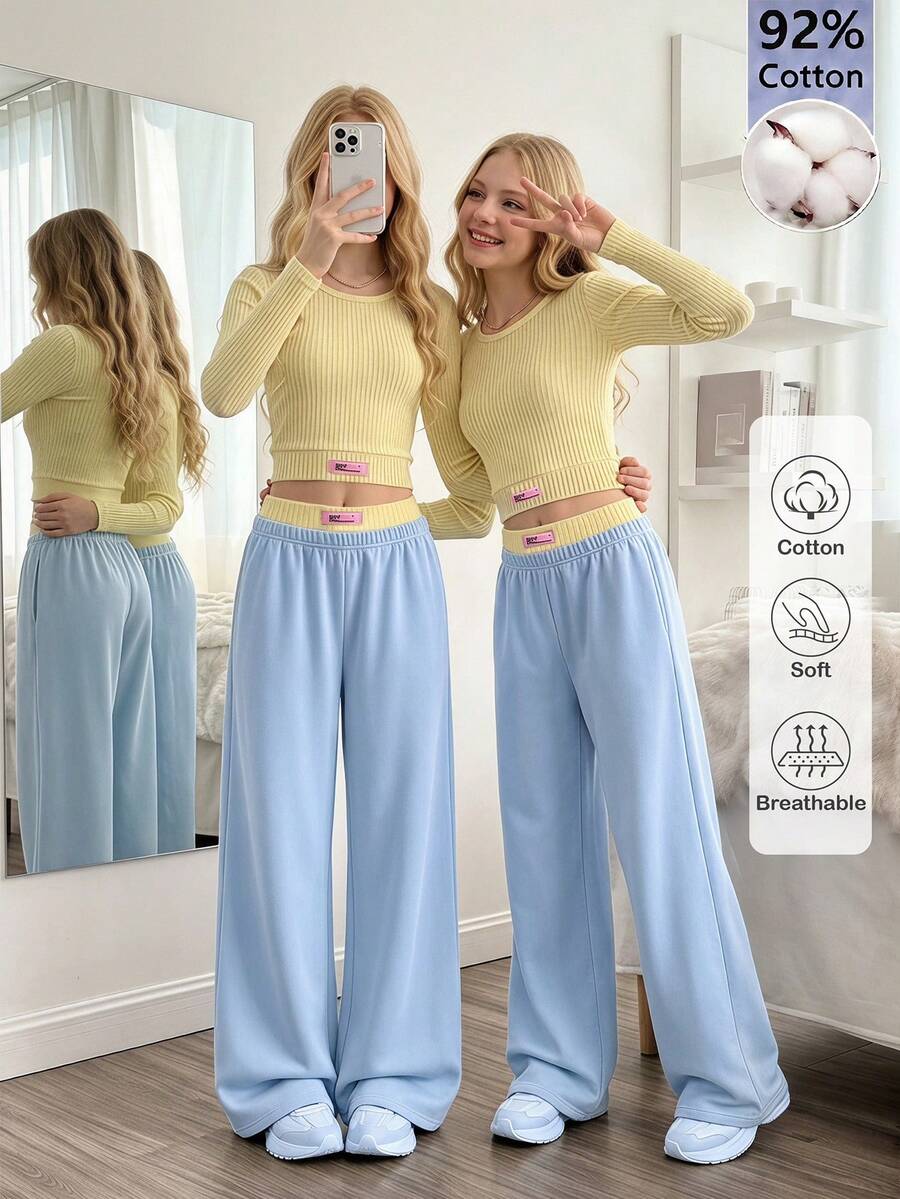 SHEIN Elladie kids 青少年女孩秋季套裝上衣 2件/組,圓領 92%棉,甜美輕盈休閒修身短袖長袖款 - 彩色 - 查看 1