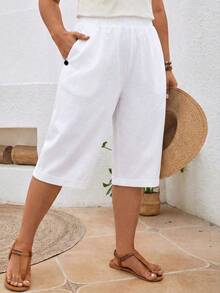 SHEIN LUNE CURVE Casual shorts i linnetyg med fickor, plus size - Vitt - Visa 5