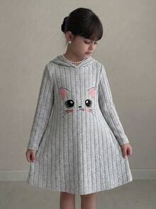 SHEIN Chica Joven Vestido con capucha con bordado de dibujos animados - Gris Claro - Ver 7