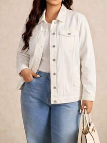SHEIN CURVE+ 大码休闲百搭纯色牛仔外套 - 白色 - 查看 2